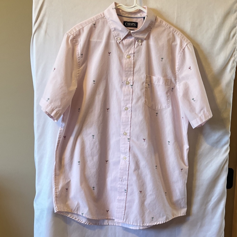 Chaps Easy Care Pink Embroidered Short Sleeve Button-Down Shirt Men's Size L